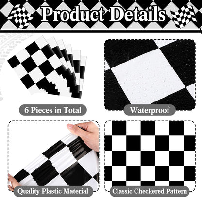 Preboun 6 Pcs Plastic Checkered Table Runner 14 x 108 Inch Racetrack Road Table Runner for Two Fast Car Theme Birthday Racing Party Decor Events Supplies (Black White Checkered)