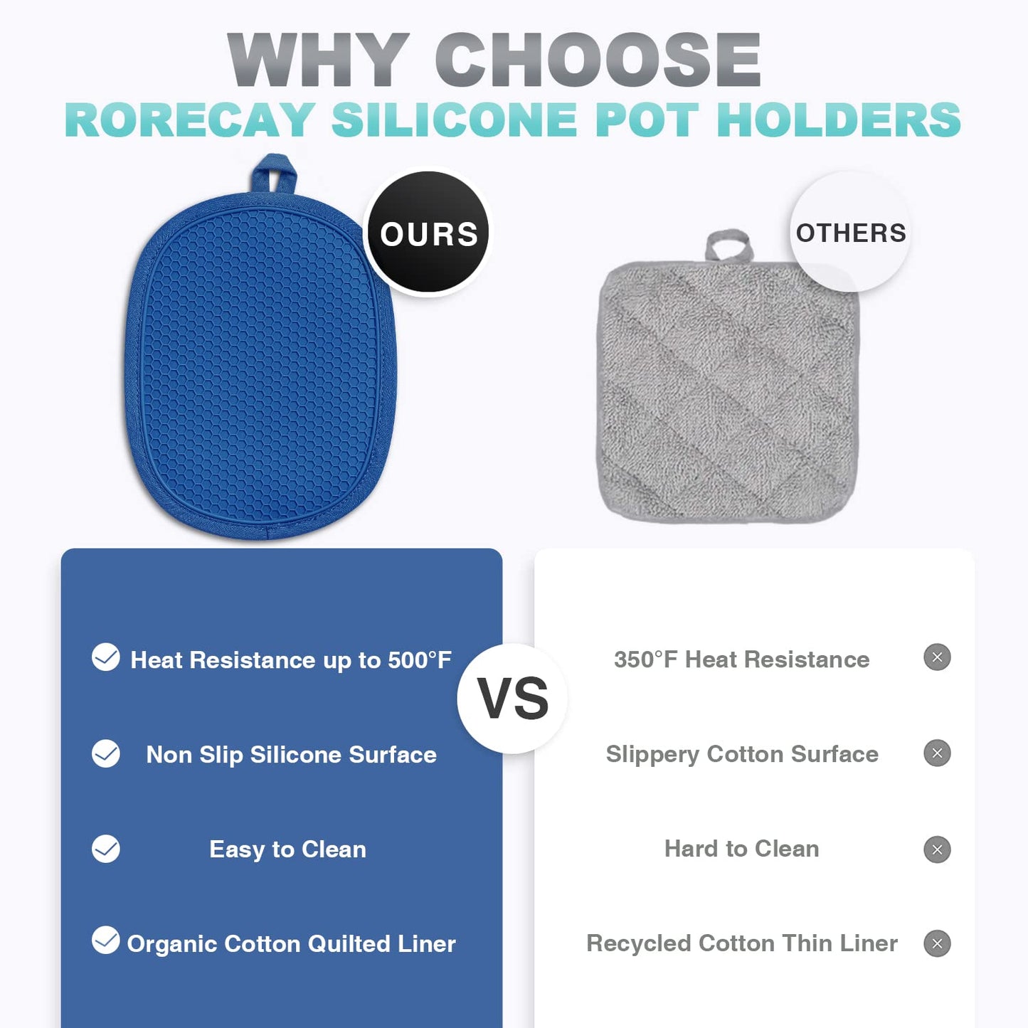 2er-Pack Silikon-Topflappen für die Küche, hitzebeständig bis 260 °C, rutschfeste, große Topflappen mit Tasche, gesteppte Untersetzer für heiße Töpfe und Pfannen auf der Arbeitsplatte (Grau) 