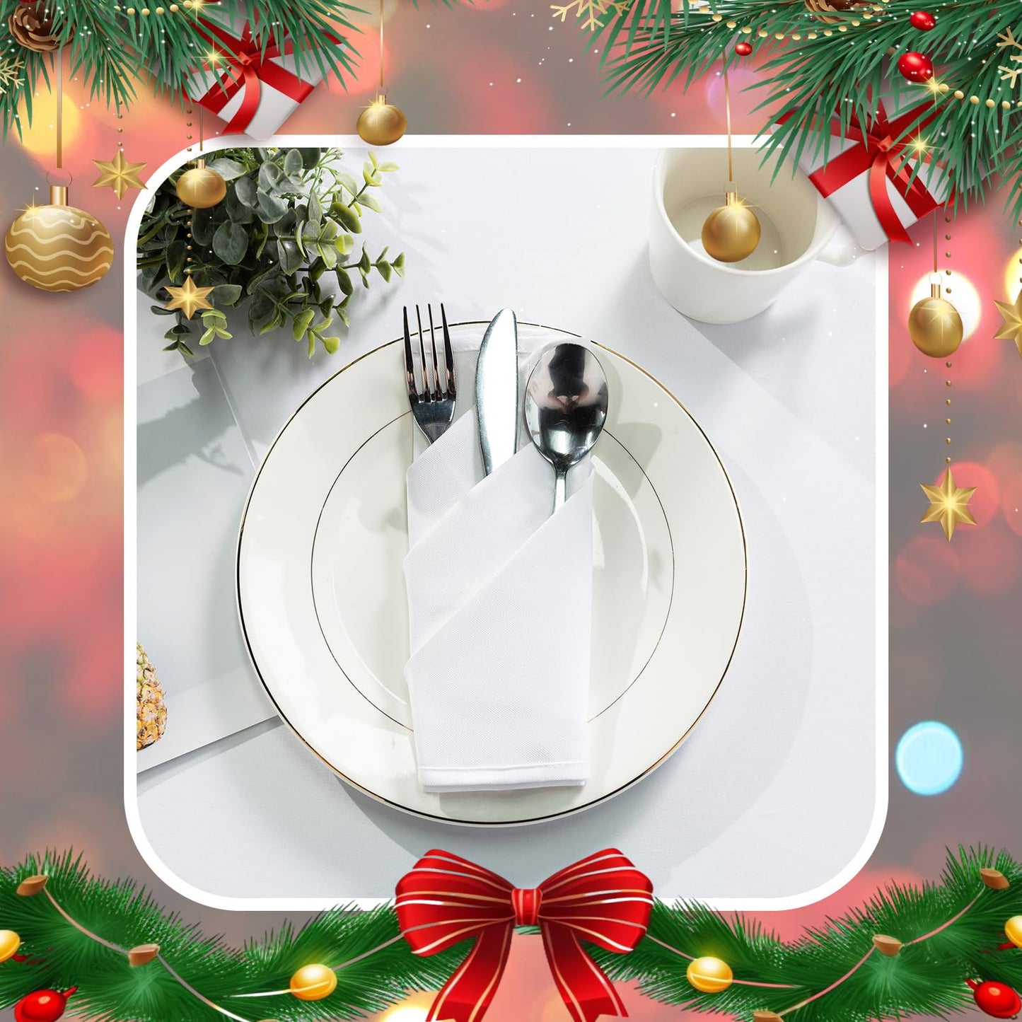 OTR ORVETEX Weihnachts-Stoffservietten, weiß, 50 x 50 cm, waschbare Polyester-Servietten mit gesäumten Kanten für Abendessen, Weihnachten, Hochzeiten, Bankette und Tischdekoration (Weiß, 24er-Packung)
