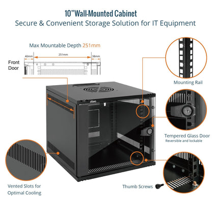 Tecmojo 6U 10 inch Rack, Wall Mount Network Cabinet Set,12.3W x 13D x 11.8H- Load Capacity 110Lbs(50 kg),Black 10" Wall Housing Server Rack Set