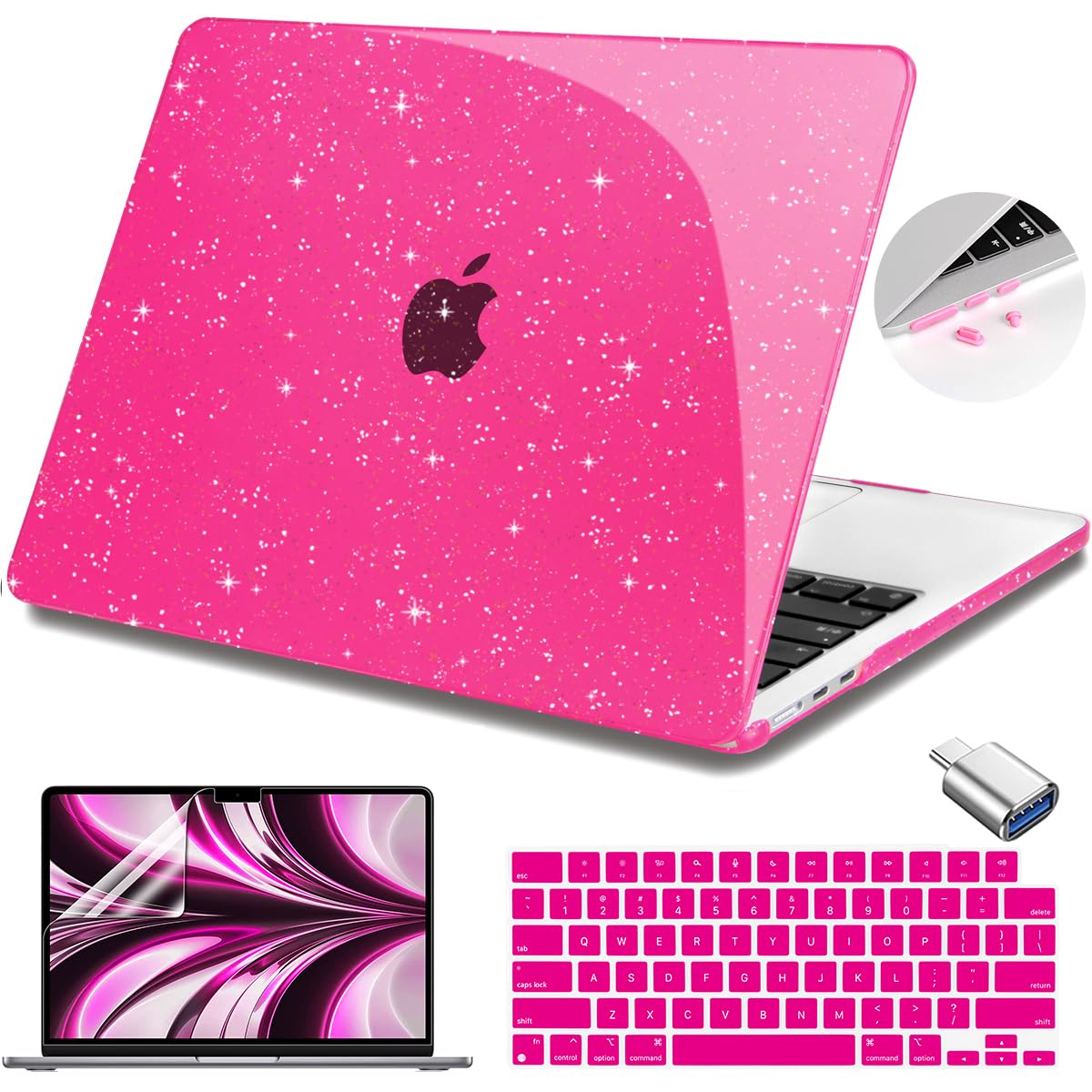 Teryeefi Glitter Case for MacBook Air 13 Inch M4 M3 M2 Chip Release 2022-2024 2025 fits Model A2681/A3113/A3240, Hard Shell Case with Keyboard Cover for MacBook Air 13.6 inch, Sparkly Rose Pink