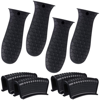Patelai 8 Pcs Silicone Pot Holders Set Cast Iron Handle Cover Heat Resistant Pot Handle Covers Potholder Non Slip Reusable Pan Sleeve for Frying Pan Kitchen Supplies(Black)
