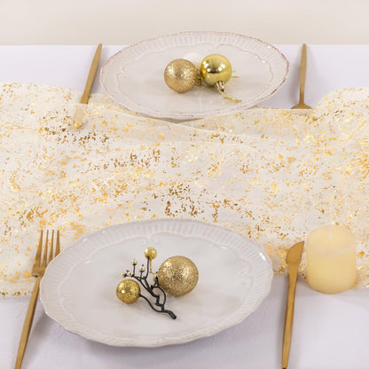 Socomi Tischläufer „Weihnachtsschnee“ aus goldfarbenem, transparentem Chiffon-Gaze-Paillettenstoff (3 m) mit Glitzer-Metallicfolie, geeignet für Hochzeiten, Geburtstage, Partys, Herbst, Winter, Jubiläen und Feiertage, Beige