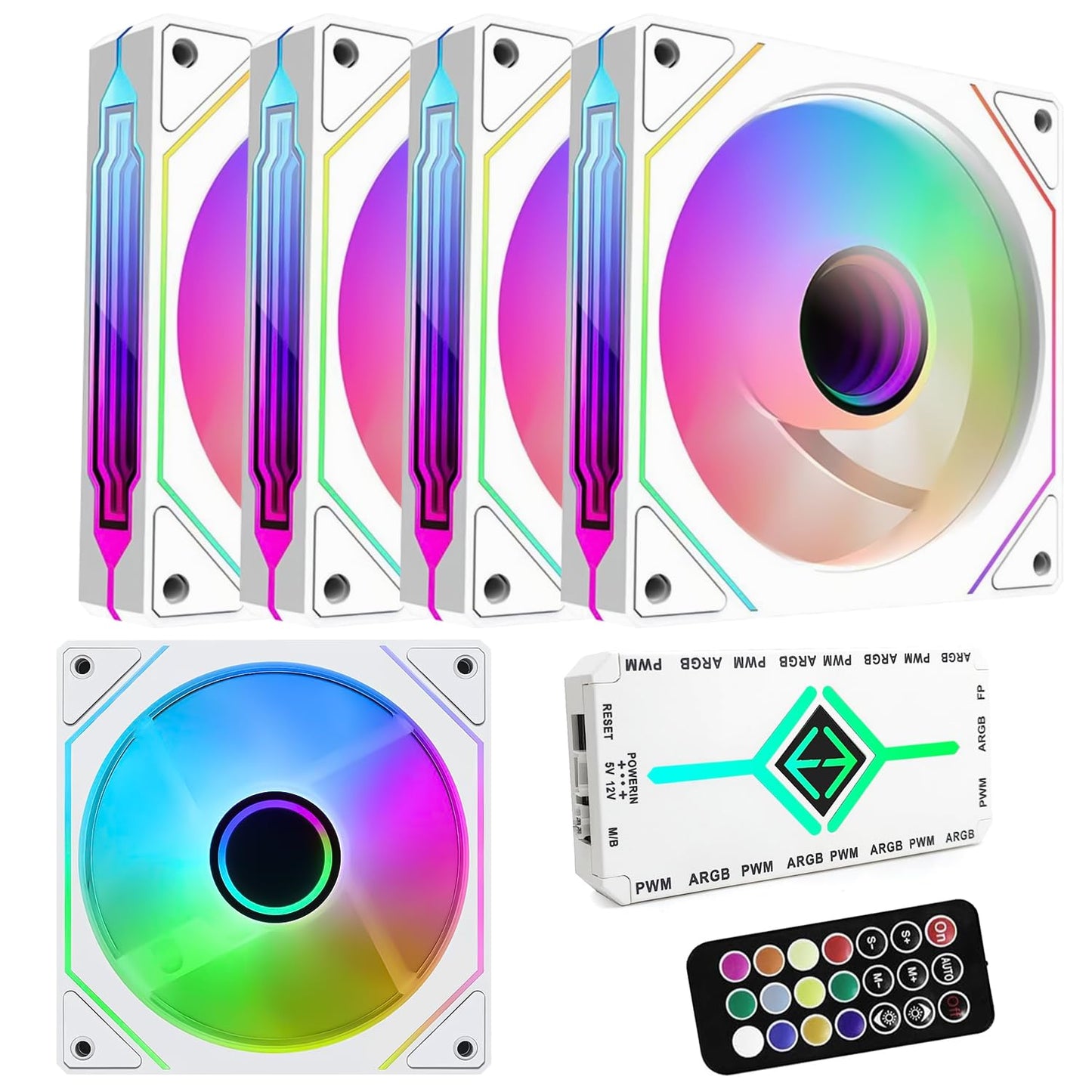 RGB-Lüfter: 5er-Pack 120-mm-PWM-ARGB-Gehäuselüfter mit Lüfter-Hub und Fernbedienung, Drehzahlregelung, PWM-gesteuerter Lüfter für Computergehäuse und Wasserkühlungssysteme, Weiß