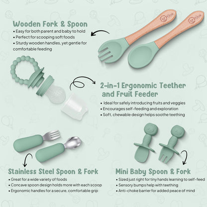 O'doe 17-Piece BPA-Free Silicone Baby Feeding Set | Thick & Soft Suction Plates, Baby Bowls, Wooden Fork & Spoon, and More | Make Mealtime Fun and Easy for Your Little One (Green, V2)