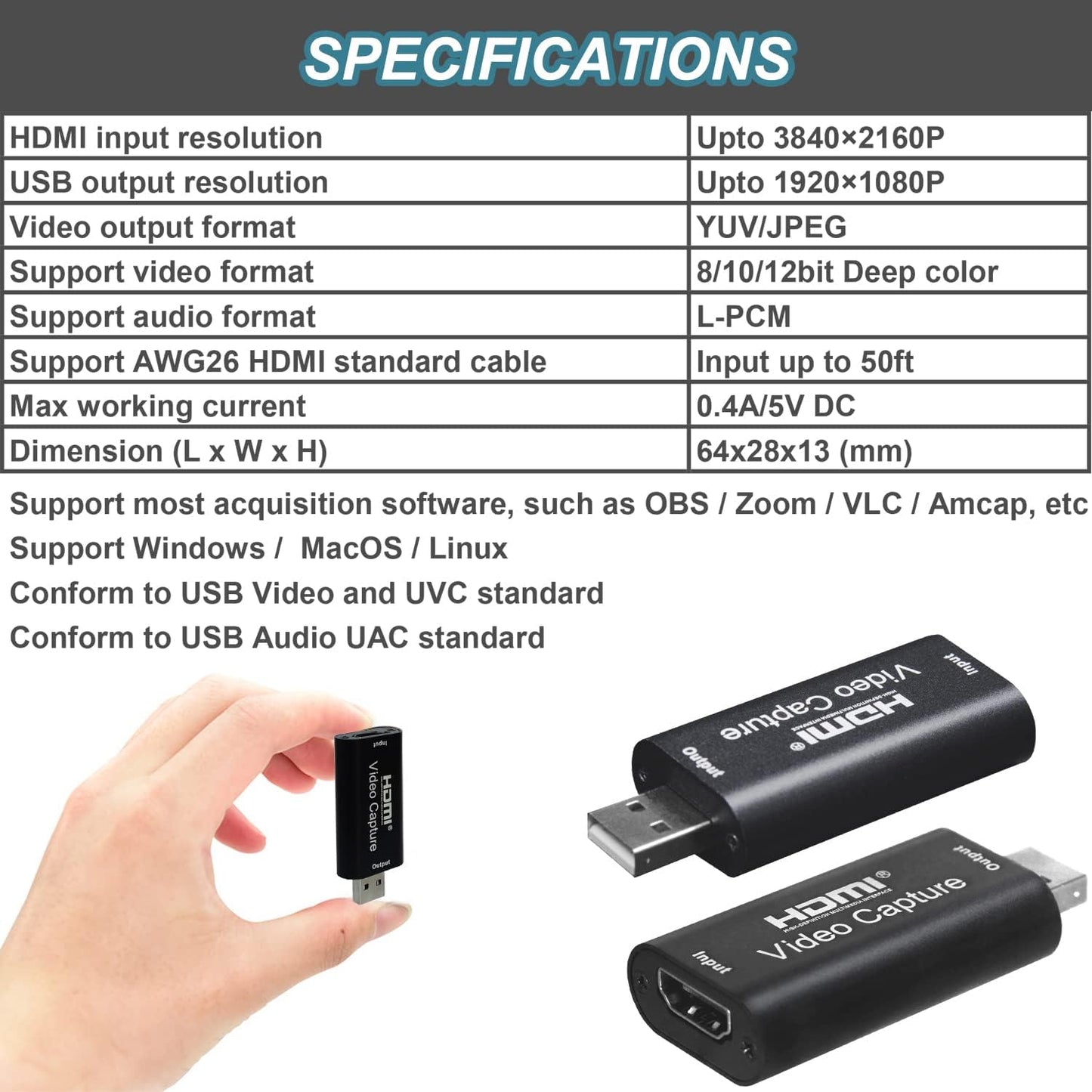 4K HDMI zu USB 2.0 Videoaufnahmekarte, 1080P Cam Link Karte, Spielaufnahmekartenadapter, Bildschirmaufnahmegerät für Streaming, Gaming, Videokonferenzen, Unterricht und Live-Übertragungen 