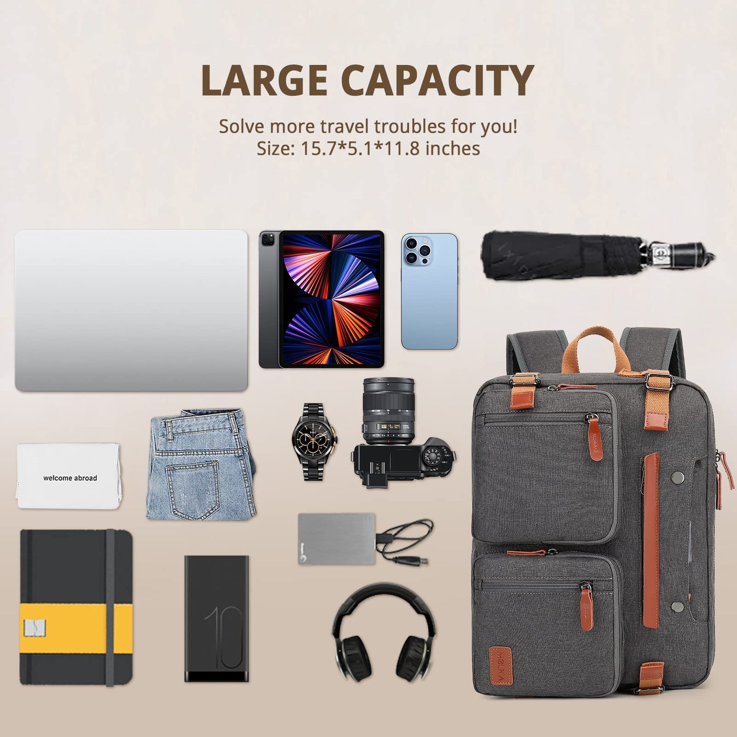 MOLNIA 3 in 1 Laptop Bag for Men, 17.3 Inch Work Bags for Men, Laptop Backpack, Briefcases, Messenger Bag, Computer Bags for Laptops for Men Women, Black