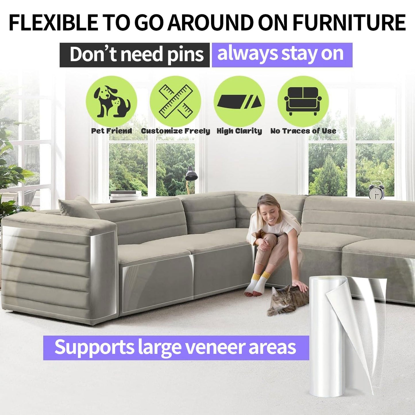 [Thicken Vinyl] Cat Scratch Furniture Protector, 162"x15" Couch Protector from Cat Claws, Single-Sided Sticky Anti Scratch Furniture Protector,Extended Size Protects More Furniture+50 Fixing