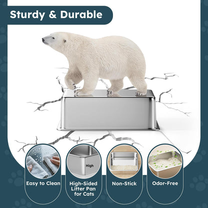 Stainless Steel Cat Litter Box - Metal High-Sided Litter Pan for Cats, Rabbits, and Pets, Non-Stick, Odor-Free, Easy to Clean, Splash-Proof, Sturdy and Durable Indoor Cat Toilet Supplies