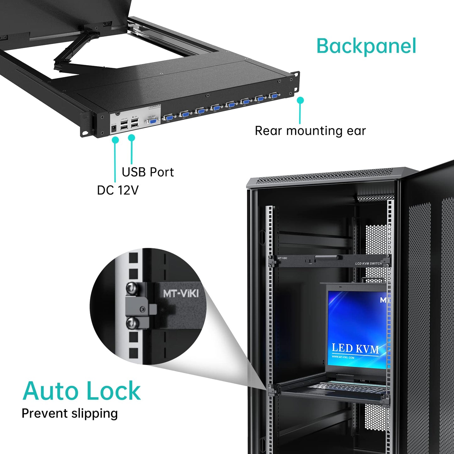 MT-VIKI KVM Rack Console w/19'' LCD Monitor, 8 Port VGA KVM Switch with Keyboard Touchpad Monitor, Fit for 1U 19'' Rack, OSD/Hotkey/Button 【with 8 KVM Cable】