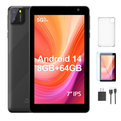 PUTECCH Android-Tablet, 7 Zoll, Android 14, 8 GB RAM, 64 GB ROM (erweiterbar auf 1 TB), Octa-Core-Prozessor, 5G Wi-Fi 6, Dual-Kamera (2 MP + 8 MP), 3500-mAh-Akku, Bluetooth, Schwarz