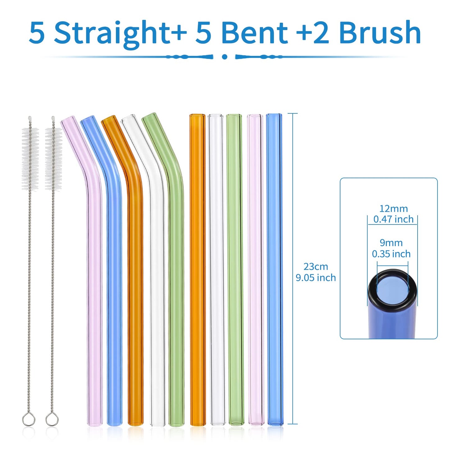 RENYIH 10 Pcs Reusable Glass Smoothie Straws,9''x12 mm Glass Drinking Straws for Milkshakes, Tea, Juice,Set of 5 Straight and 5 Bent with 2 Cleaning Brushes -Dishwasher Safe(Colorful)
