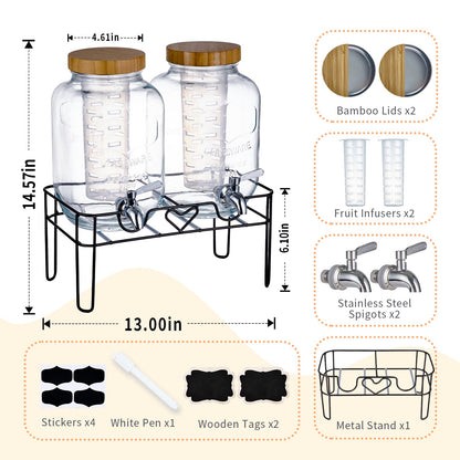 ShoreHao 2er-Pack 1-Gallonen-Glasgetränkespender mit Ständer, Bambusdeckeln und Fruchteinsatz, auslaufsicherer Zapfhahn aus Edelstahl 304, Getränkespender für Partys, Wasser, Sangria, Saft, Eistee, Limonade (natürlich)