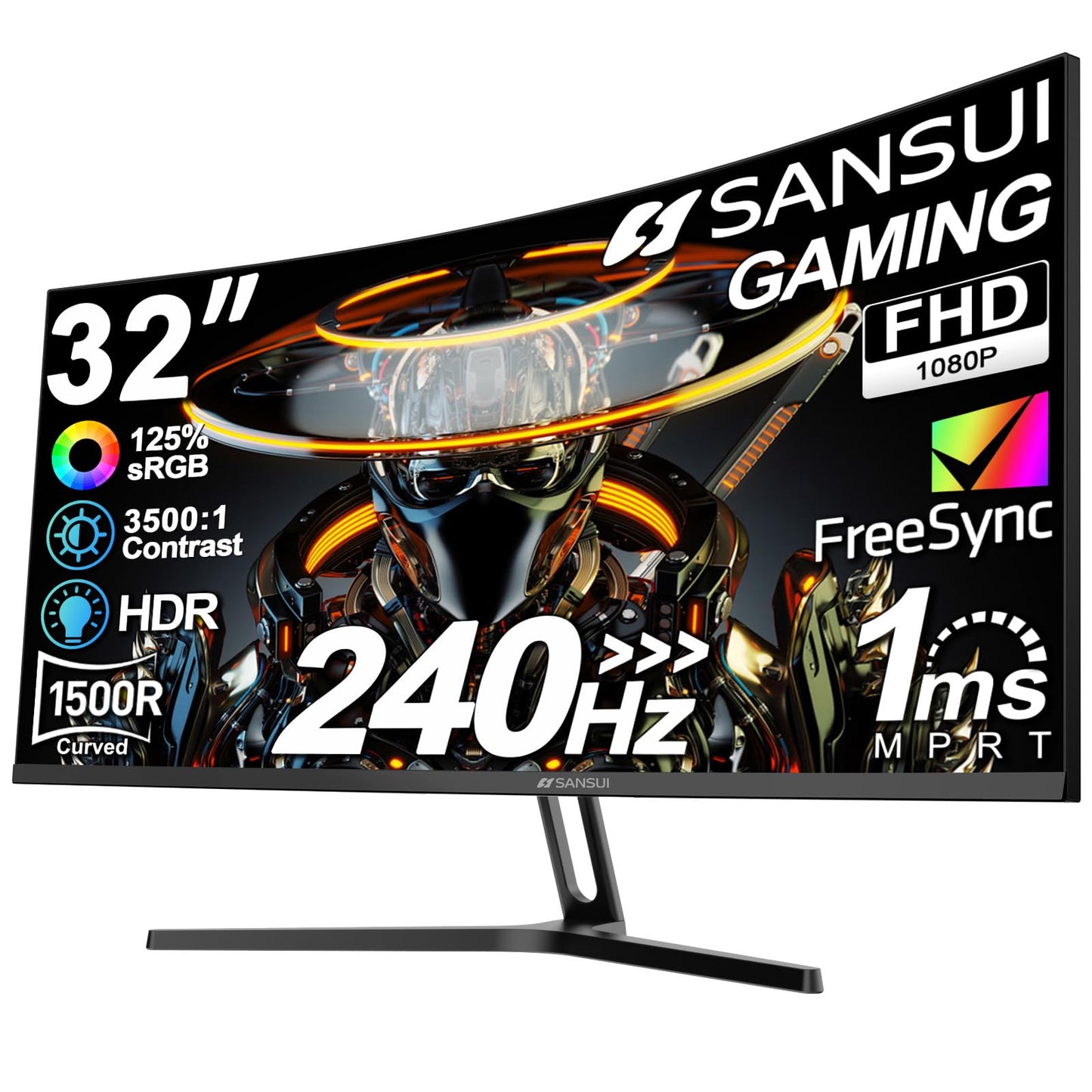SANSUI 32 Inch Curved 240Hz Gaming Monitor High Refresh Rate, FHD 1080P Gaming PC Monitor HDMI DP1.4, Curved 1500R, 1Ms MPRT, HDR,Metal Stand,VESA Compatible(DP Cable Incl.)