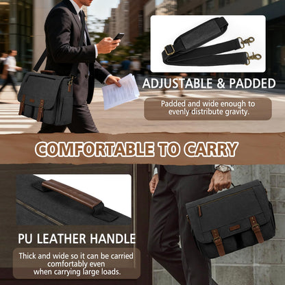 RAINSMORE Messenger Bag for Men 15.6-17.3 Inch Laptop Bag Water-resistant Canvas Briefcase Large Computer Satchel Shoulder Bag for Work College Travel, Black