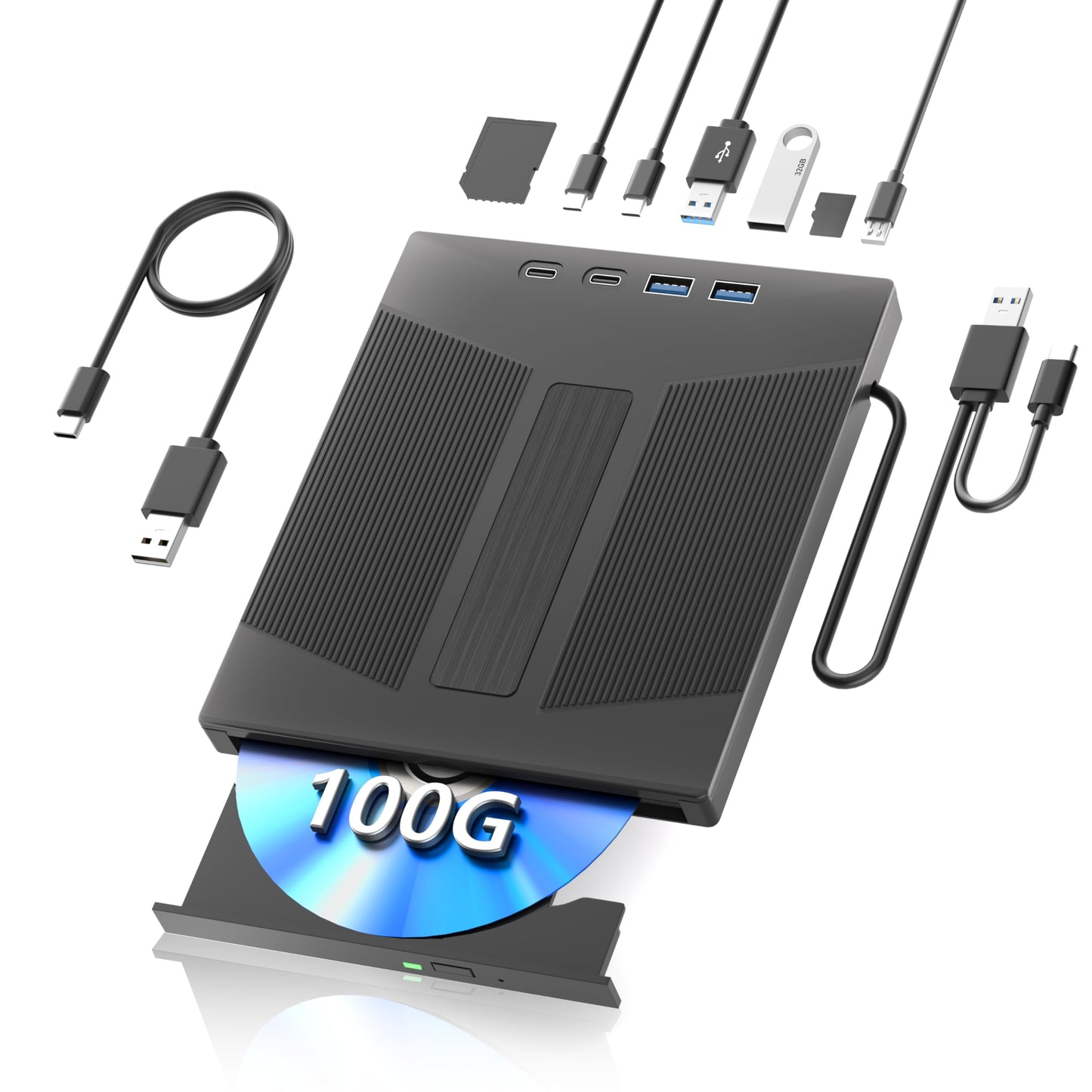 Taopjwr 100GB BDXL 7-in-1 External Blu Ray Drive,USB 3.0&Type-C High Speed Blu Ray Burner & SD/TF Card Reader,Compatible with PC Mac Linux Laptop Desktop