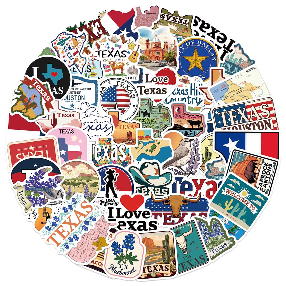 Texas Stickers |55Pcs TX Travel Waterproof Vinyl Decals for Water Bottles Cup Computer Mobile Phone Skateboard Guitar