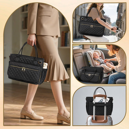 Teacher Tote Bag 15.6 Inch, Large Work Tote Bag With Laptop Compartments, Quilted Women Messenger Bag With Shoulder Strap for Office/Travel/School/Nursing Supplies Organizer,Black