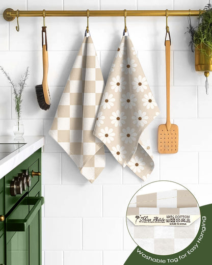 Miss Adola 2 Pack Flour Sack Kitchen Towels - 16x26 Inch Cotton Dish Towels with Hanging Loop Reusable Geometric Boho Modern Retro Tea Towel Absorbent Dishcloths Home Decor, Beige Checkered Flower