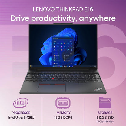 Original Lenovo ThinkPad E16 Gen 2, 16" WUXGA-Display, Intel Ultra 5-125U, 16 GB DDR5-RAM, 512 GB NVMe-SSD, Fingerabdrucksensor, beleuchtete Tastatur, WLAN 6E + Bluetooth, RJ-45-Anschluss, FHD-Webcam, Windows 11P, Business-Laptop