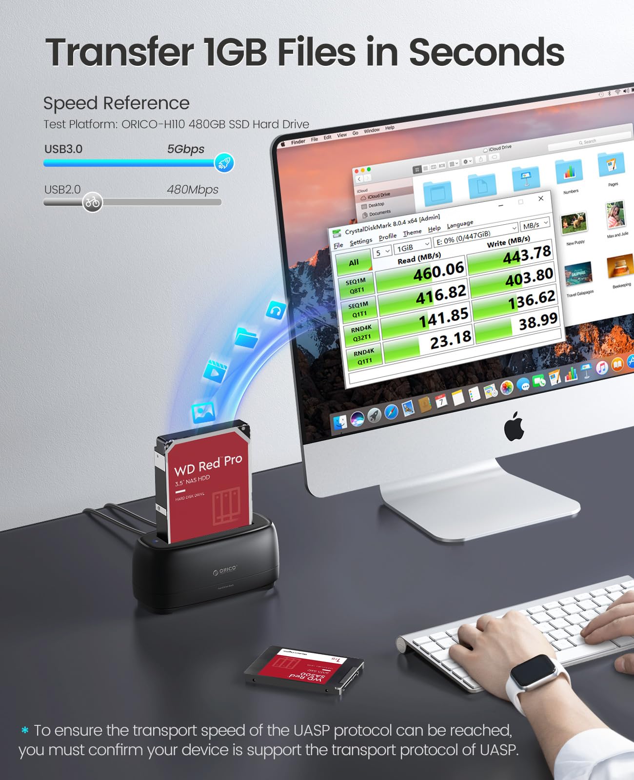 ORICO Externe Festplatten-Dockingstation für 2,5/3,5 Zoll HDD/SSD, USB 3.0 zu SATA-Festplatten bis zu 22 TB, unterstützt UASP, 12-V-Netzteil – DD18