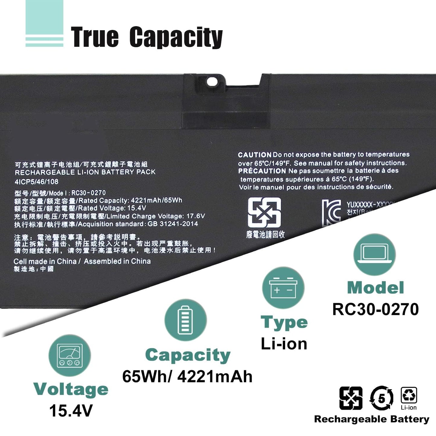 RC30-0270 Laptop Battery Replacement for Razer Blade 15 Base 2018 2019 GTX 1660 Ti Base RZ09-0270 RZ090270 RZ09-0300 RZ09-03006 RZ09-03009 Series Notebook (15.4V 65Wh 4221mAh)