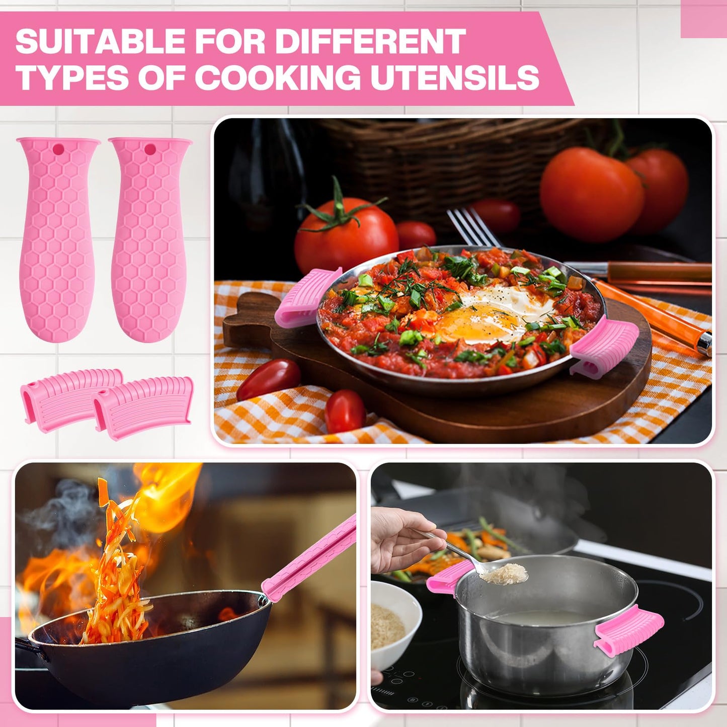 Patelai 8 Pcs Silicone Pot Holders Set Cast Iron Handle Cover Heat Resistant Pot Handle Covers Potholder Non Slip Reusable Pan Sleeve for Frying Pan Kitchen Supplies(Black)