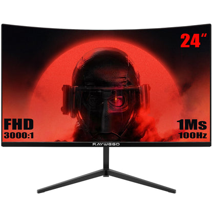 Raywego 24 inch Curved Monitor 100Hz 1ms, Computer Gaming Monitor FHD 1920×1080P,3000:1 Contrast Ratio, with FreeSync & Eye-Care Technology, HDMI×1,VGA×1 for Gaming Home Office,Wall Mount Install