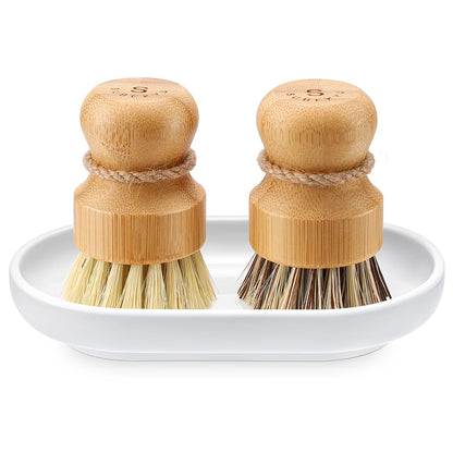 SUBEKYU Bamboo Dish Scrub Brush for Kitchen Sink, Natural Wooden Washing Dish Brush Scrubber with Sisal Bristles for Household Cleaning, Cast Iron Pots, Pans and Vegetables