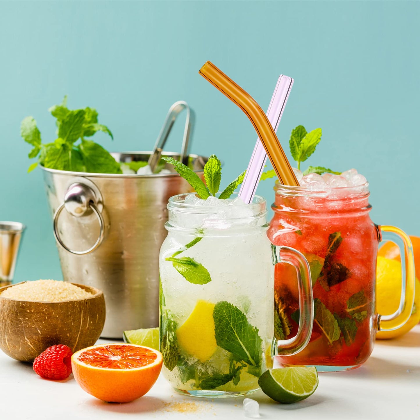 RENYIH 10 Pcs Reusable Glass Smoothie Straws,9''x12 mm Glass Drinking Straws for Milkshakes, Tea, Juice,Set of 5 Straight and 5 Bent with 2 Cleaning Brushes -Dishwasher Safe(Colorful)