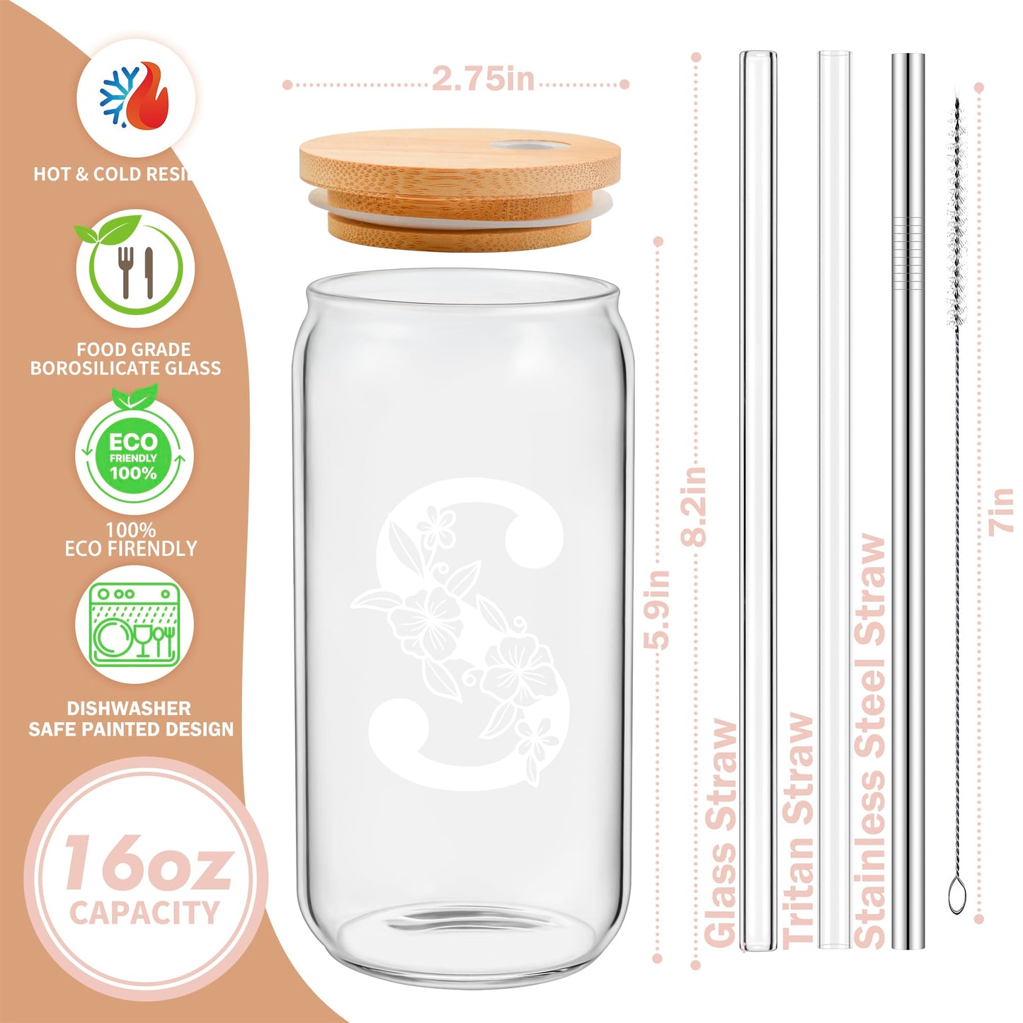 Personalized Tumbler, Monogrammed Can Glass Cups with Bamboo Lids and Straws, Customized Gifts for Women, Cute Design Initial Iced Coffee glasses, Custom Letter Mug, Birthday Bridesmaid, A