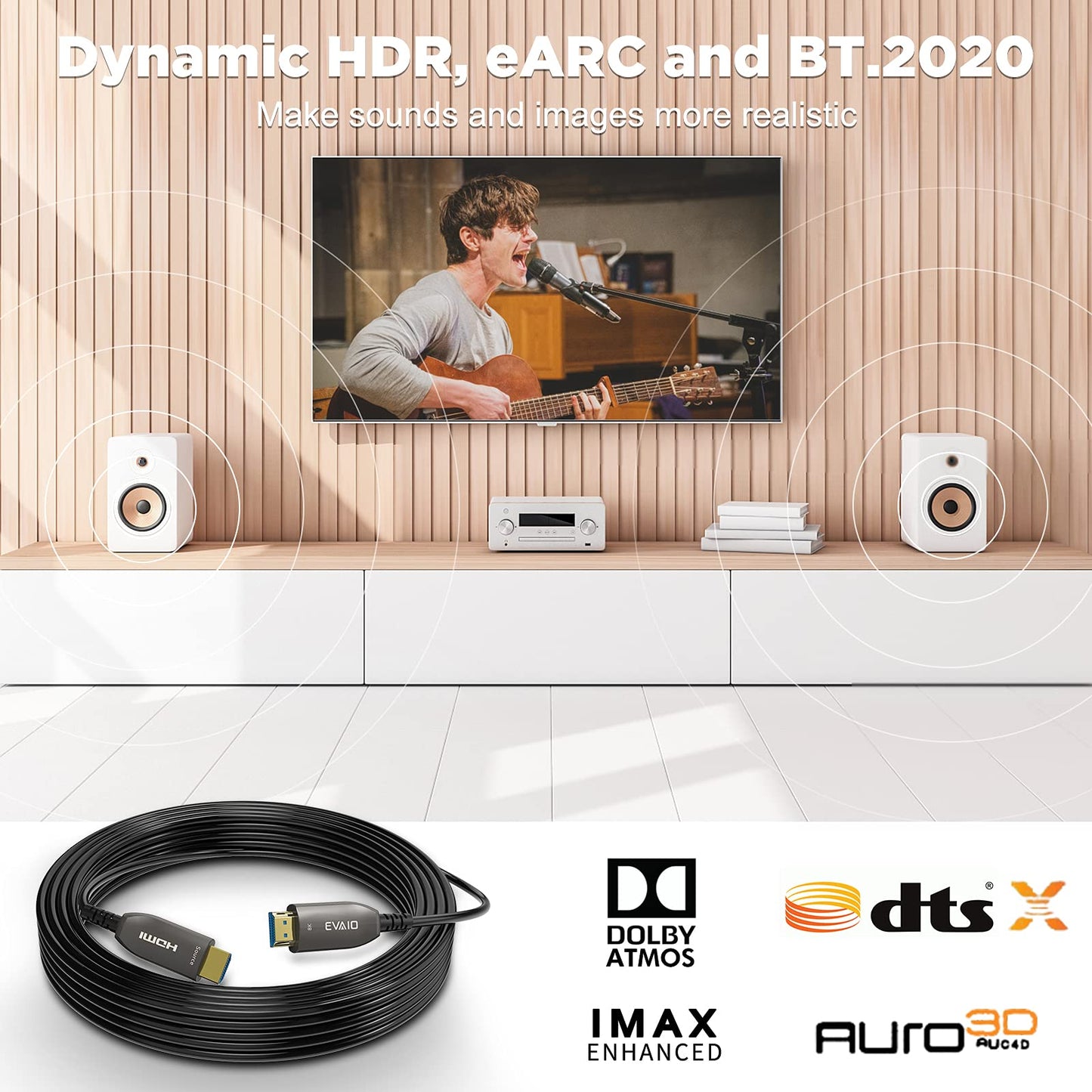 Fiber Optic HDMI Cable 100 Feet, HDMI 2.0, 18Gbps, Supports 4K@ 60Hz, 4:4:4/4:2:2/4:2:0, HDR10, Dolby Vision, HDCP2.2, ARC,3D,Slim and Flexible