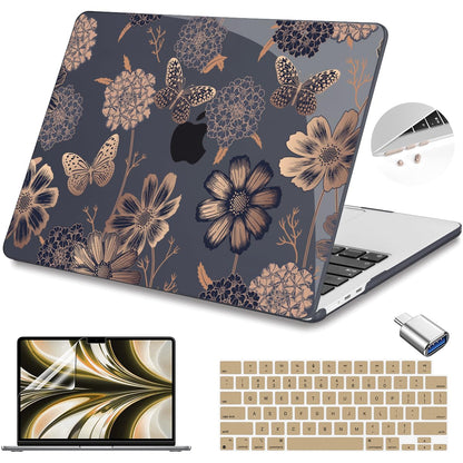 Teryeefi for MacBook Air M2 M3 M4 13.6 Case 2022 2023 2024 2025 Release A2681 A3113 A3240, Clear Hard Shell with Keyboard Cover & USB 3.0 Adapter & Screen Protector, Gold Floral Butterfly
