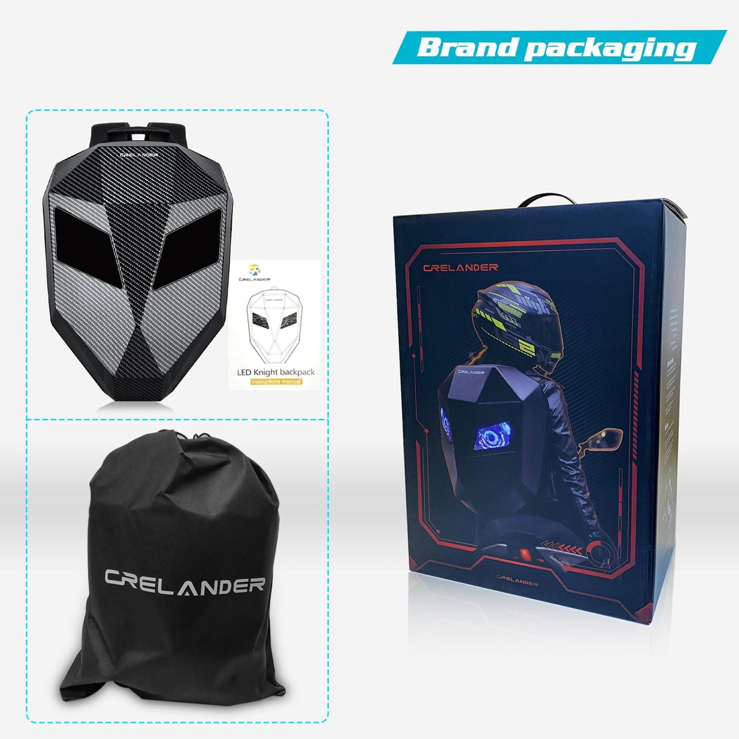 Crelander LED Knight Rucksack, 19-Zoll-Motorradrucksack mit App-Steuerung, programmierbarem Vollfarbdisplay, wasserdicht, großes Fassungsvermögen, Hartschalen-Helmtasche, DIY-Pixel-Art-Animations-Laptop-Tagesrucksack 