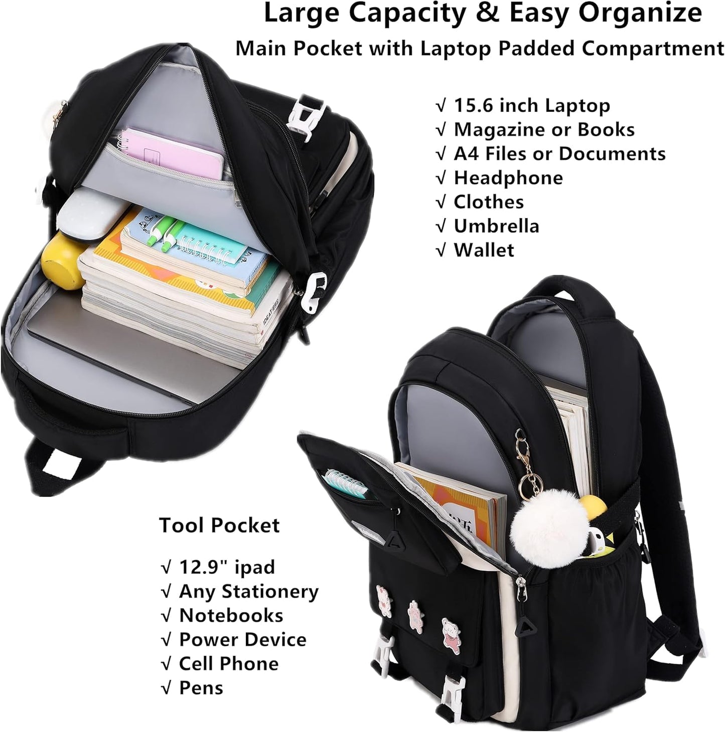 QHRIDS Girls Backpack Aesthetic Laptop Backpacks Kawaii Large Bookbag Anime Casual Travel Daypack,Black