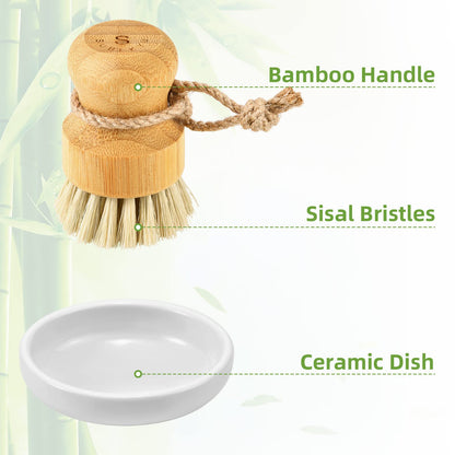 SUBEKYU Bamboo Dish Scrub Brush for Kitchen Sink, Natural Wooden Washing Dish Brush Scrubber with Sisal Bristles for Household Cleaning, Cast Iron Pots, Pans and Vegetables