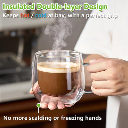 Pludyat 4er-Pack doppelwandige Glas-Kaffeebecher, 473 ml große, isolierte, transparente Kaffeebecher mit Henkel, Cappuccino-Becher für Espresso, Latte Macchiato, Americano, Teebeutel, Getränke, hitze- und kältebeständig