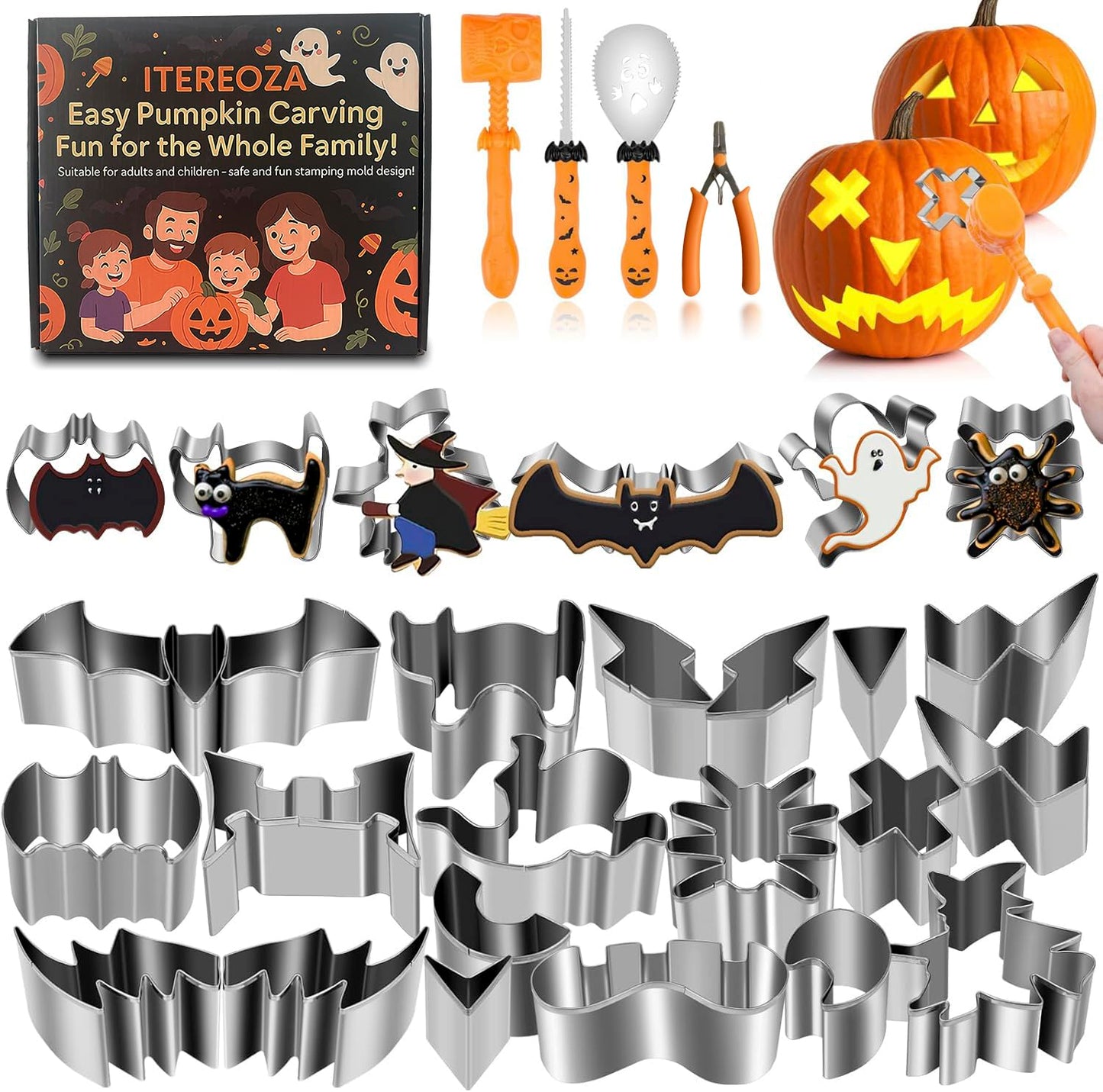 Pumpkin Carving Kit Tools Halloween, 25PCS Safe DIY Pumpkin Carving Kit Tools for Kids and Adults, Reusable Stainless Steel Carving Kit Tools for Halloween Decorations (With Hammer & Pliers)