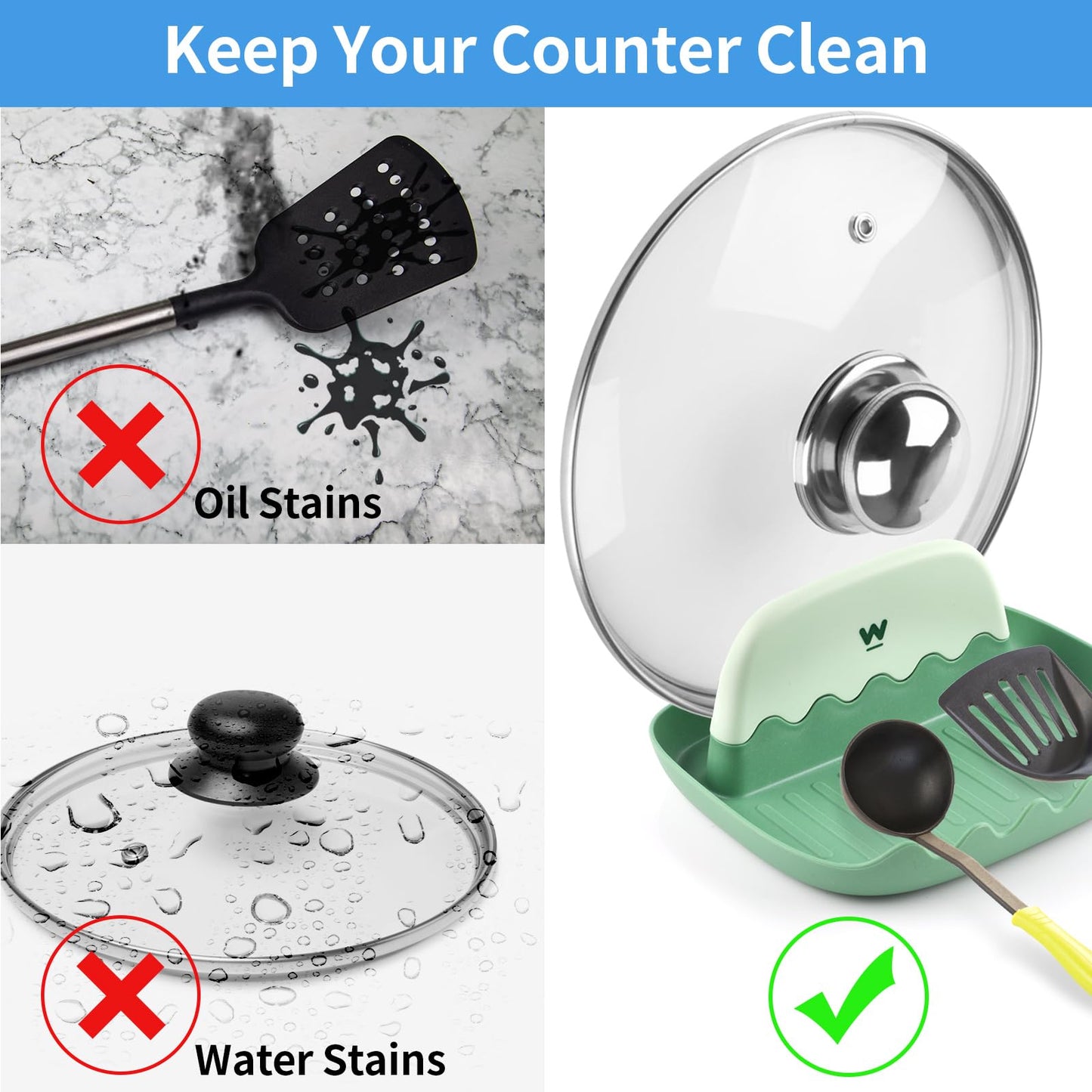 Löffel- und Deckelablage – 2er-Pack Löffelablage mit Deckelhalter, saubere und tropffreie Löffelablage für Herdplatten, hitzebeständige Utensilienablage für Löffel, Topfdeckel, Pfannenwender, Küchenutensilien, Gabeln (Grün)