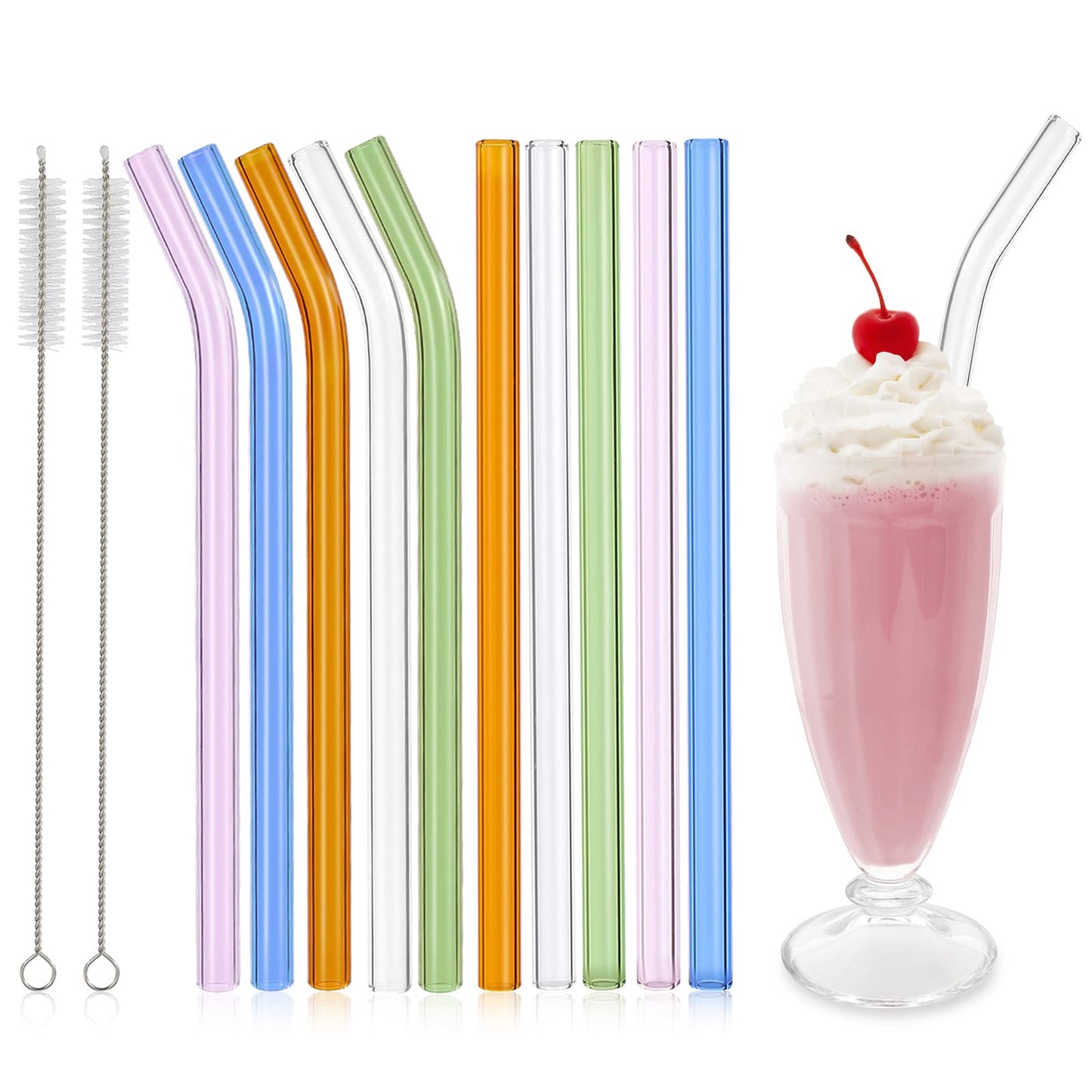 RENYIH 10 Pcs Reusable Glass Smoothie Straws,9''x12 mm Glass Drinking Straws for Milkshakes, Tea, Juice,Set of 5 Straight and 5 Bent with 2 Cleaning Brushes -Dishwasher Safe(Colorful)