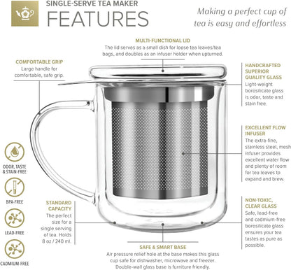 Teabloom Personal Tea Maker - Insulated Heatproof Glass Cup with Loose Tea Infuser and Lid/Coaster – Tea Connoisseur's Choice – Borosilicate Glass Infusion Mug (8 Oz)