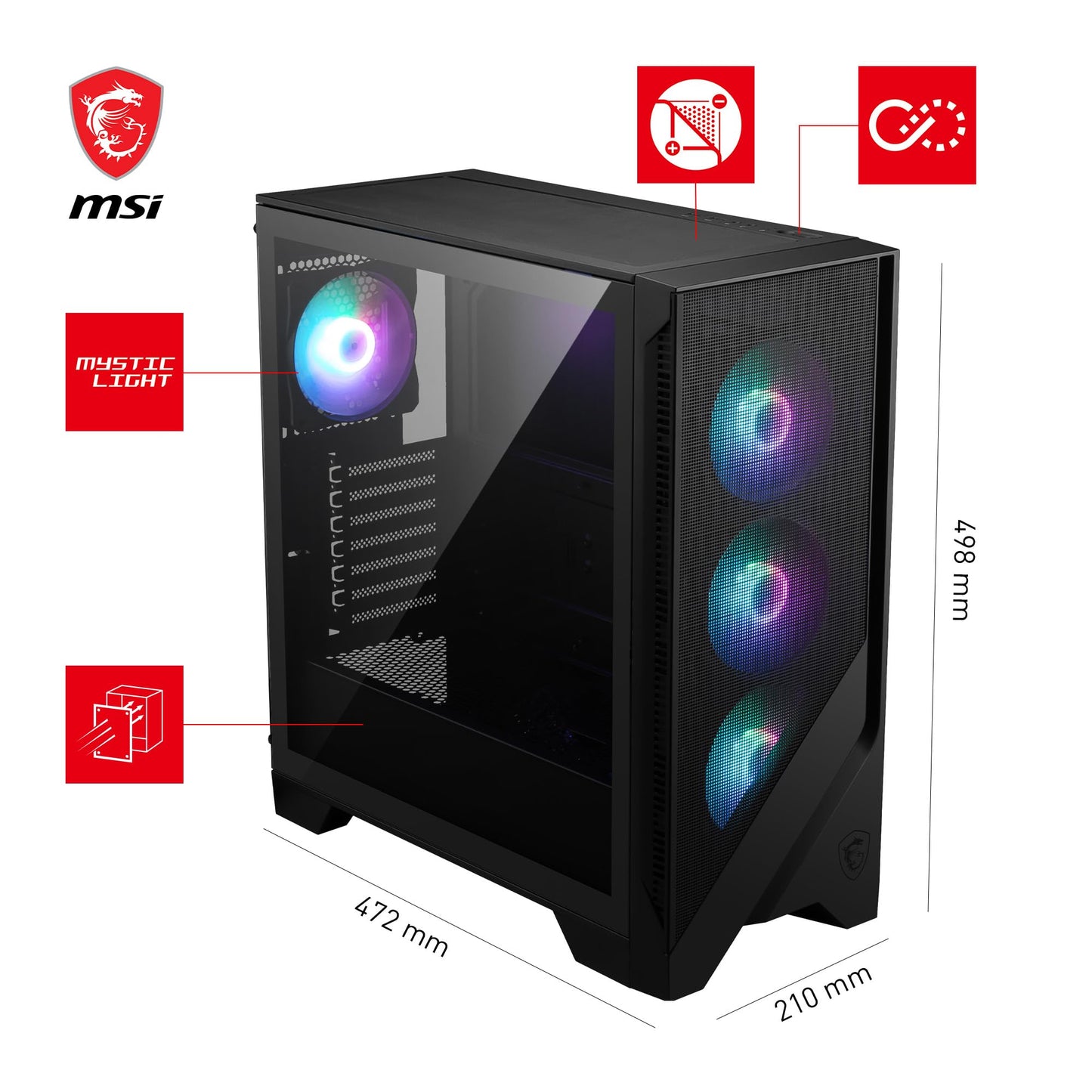 MSI MAG Forge 321R Airflow – Premium-Midi-Tower-Gaming-PC-Gehäuse – Seitenwand aus gehärtetem Glas – 120-mm-ARGB-Lüfter – Unterstützung für Flüssigkeitskühlung mit Radiatoren bis zu 360 mm – Belüftete Frontblende