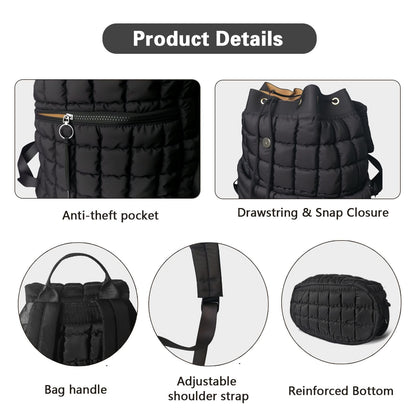 RCRZQ Black Puffer Backpack for Women, Lightweight Drawstring Closure Quilted Laptop Daypack Stylish Anti-Theft Travel Bag