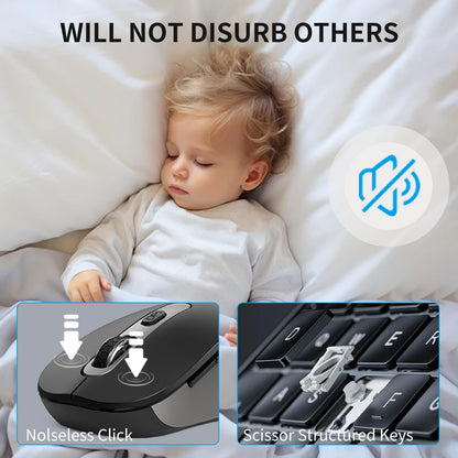 Geräuschlose Tastatur und Maus, kabellose, kompakte Computertastatur in voller Größe mit Taschenrechnertaste, 2400-DPI-Maus, leises Klicken, ultradünnes kabelloses USB-Set für Windows- und Mac-Laptops – Eisengrau