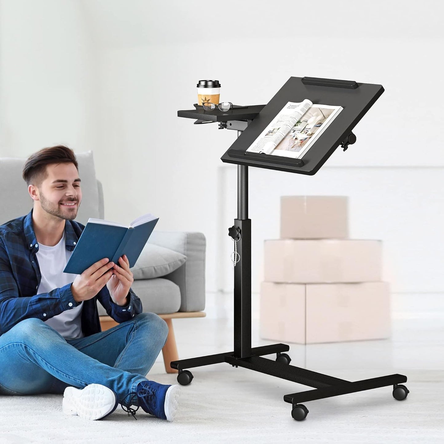 Panta Height Adjustable Rolling Laptop Stand, Overbed Table with 2 Tilting Desktops, Mobile Laptop Table for Couch with Cup Holder, Mobile Computer Workstation for Office, Home and Hospital