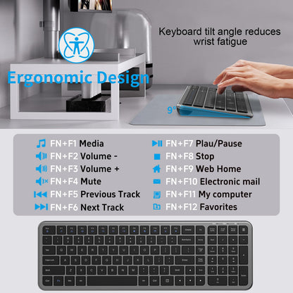 Geräuschlose Tastatur und Maus, kabellose, kompakte Computertastatur in voller Größe mit Taschenrechnertaste, 2400-DPI-Maus, leises Klicken, ultradünnes kabelloses USB-Set für Windows- und Mac-Laptops – Eisengrau