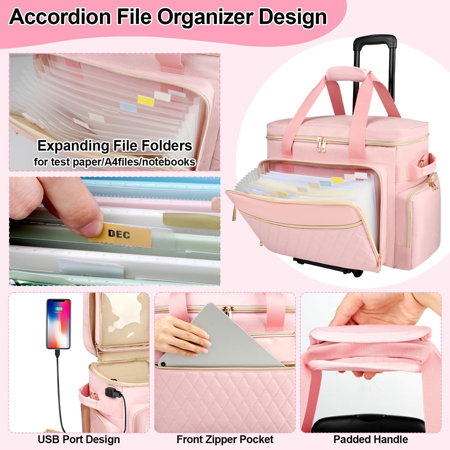 SIYNPAV Rolling Teacher Bag with Accordion File Organizer, USB Port& 15.6 Inch Laptop Compartment, Wheeled Teacher Tote Bag with Detachable Trolley for Teaching& Office Supplies Storage (Pink)