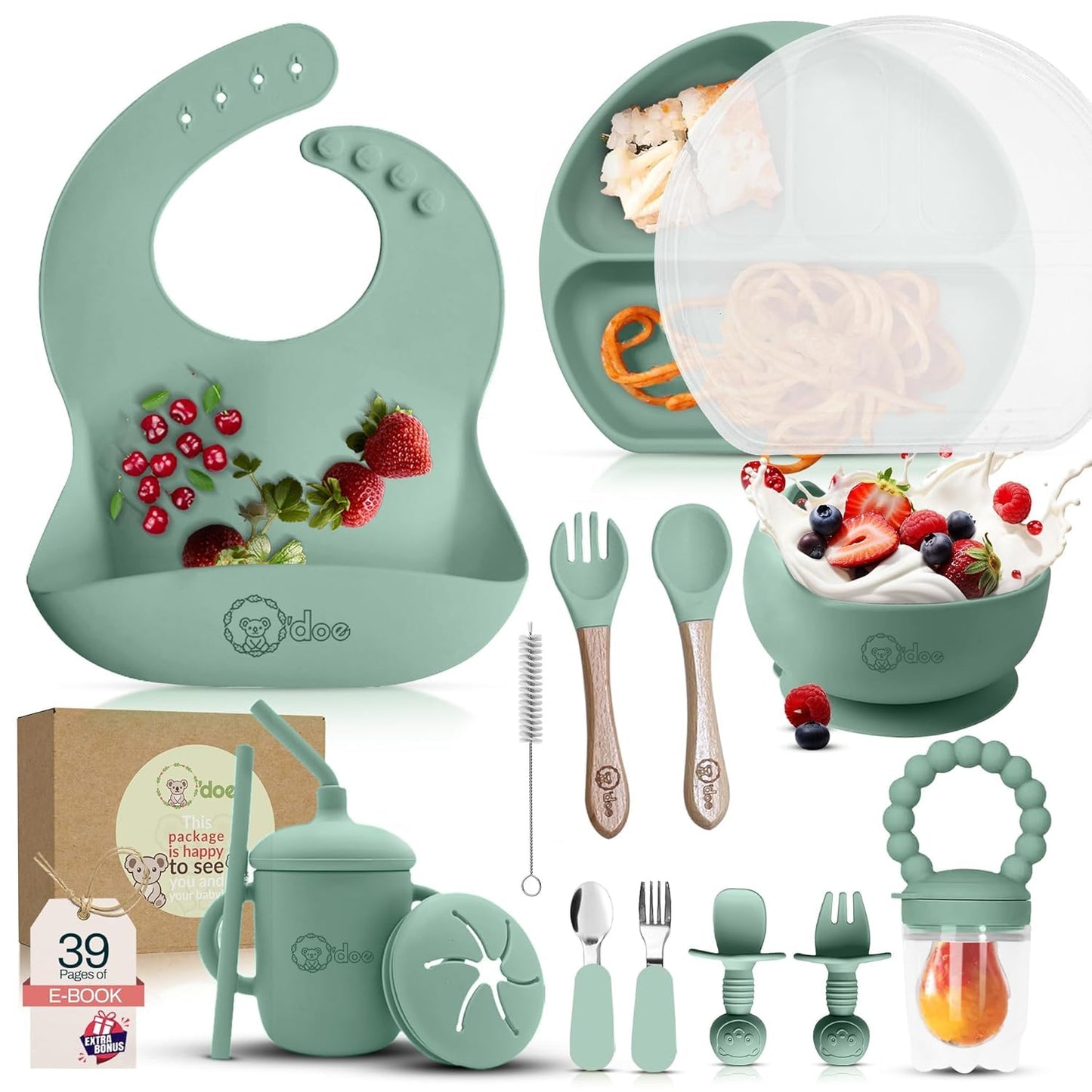 O'doe 17-Piece BPA-Free Silicone Baby Feeding Set | Thick & Soft Suction Plates, Baby Bowls, Wooden Fork & Spoon, and More | Make Mealtime Fun and Easy for Your Little One (Green, V2)