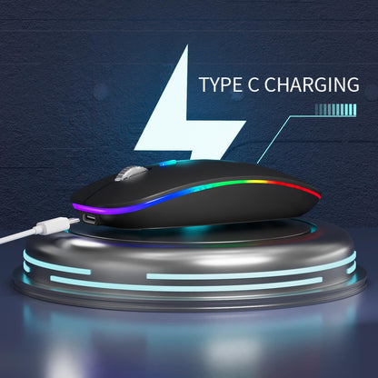 TENMOS Wireless Bluetooth Mouse, LED Slim (Bluetooth 5.1/5.0 + USB) 2.4GHz Rechargeable Silent Bluetooth Wireless Mouse with Type C Adapter for Laptop/MacBook/iPad OS 13 and Above (Matte Black)