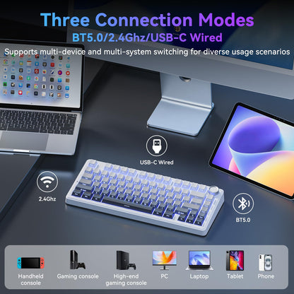 TECURS 75% Mechanical Keyboard for Gaming & Office, Creamy Sound, Gasket Mount, Hot-Swap RGB Backlit 81 Keys Keyboard for Laptop/PC/Mac, 2.4G/Bluetooth/Wired Mode, Gradient Grey